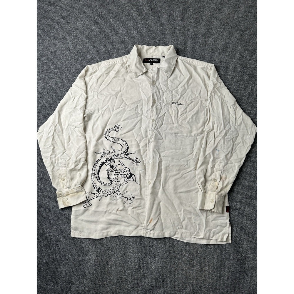 Mens Fubu Dragon Graphic Silk Button Up Shirt Cream, Size L